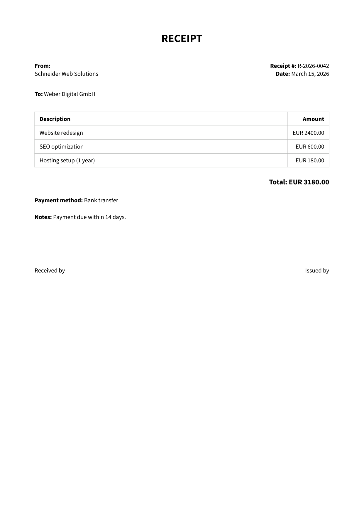 Payment Receipt example