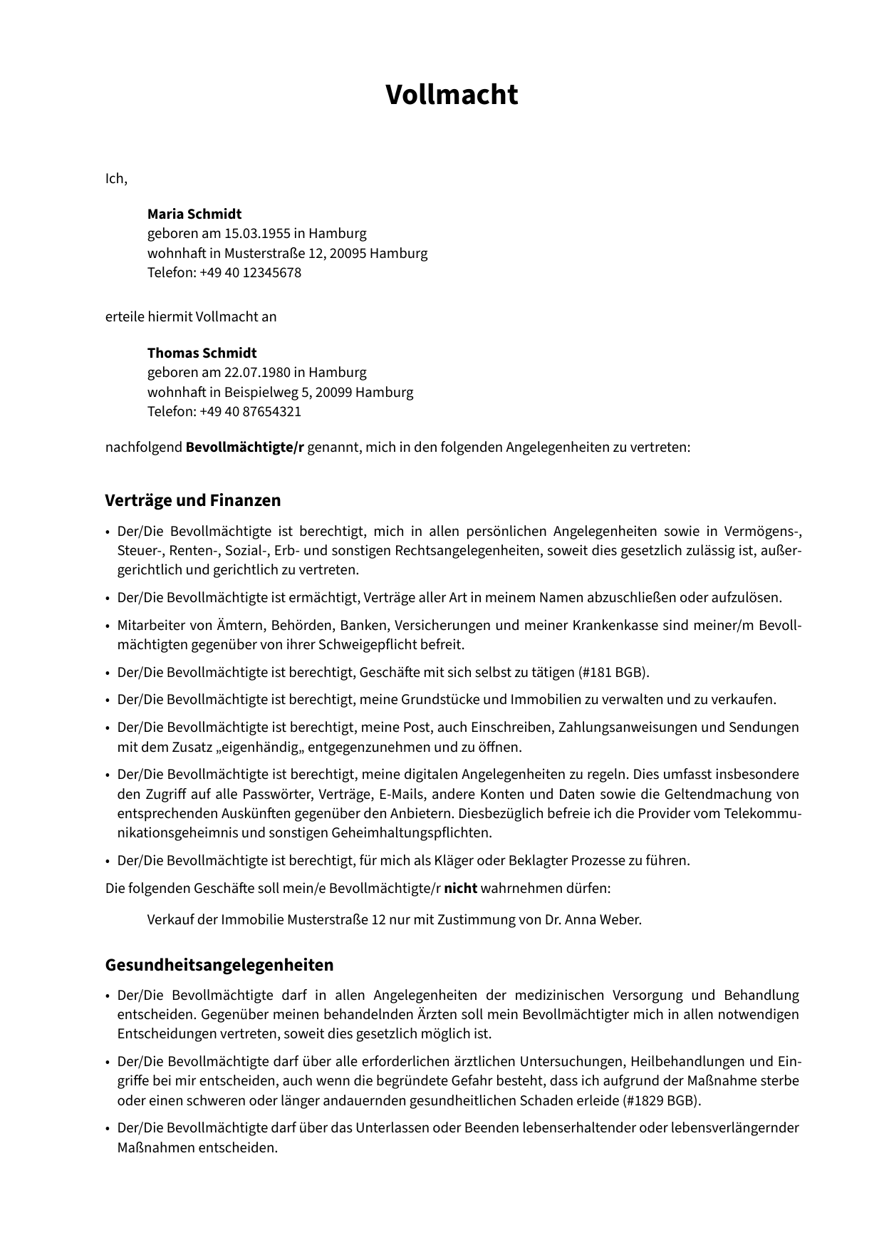 Vollmacht (German Power of Attorney) example